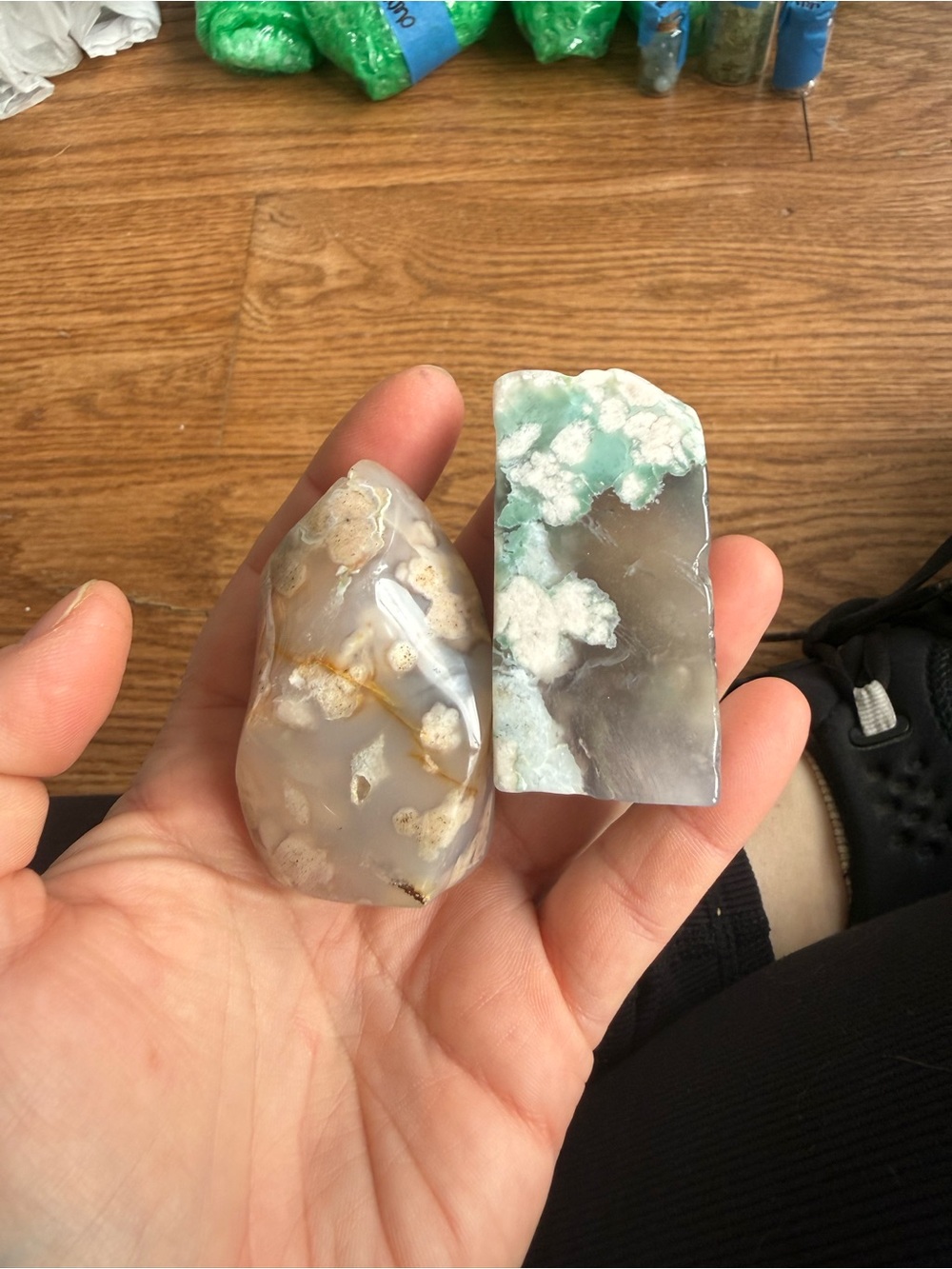 Pair of polished flower agate crystals